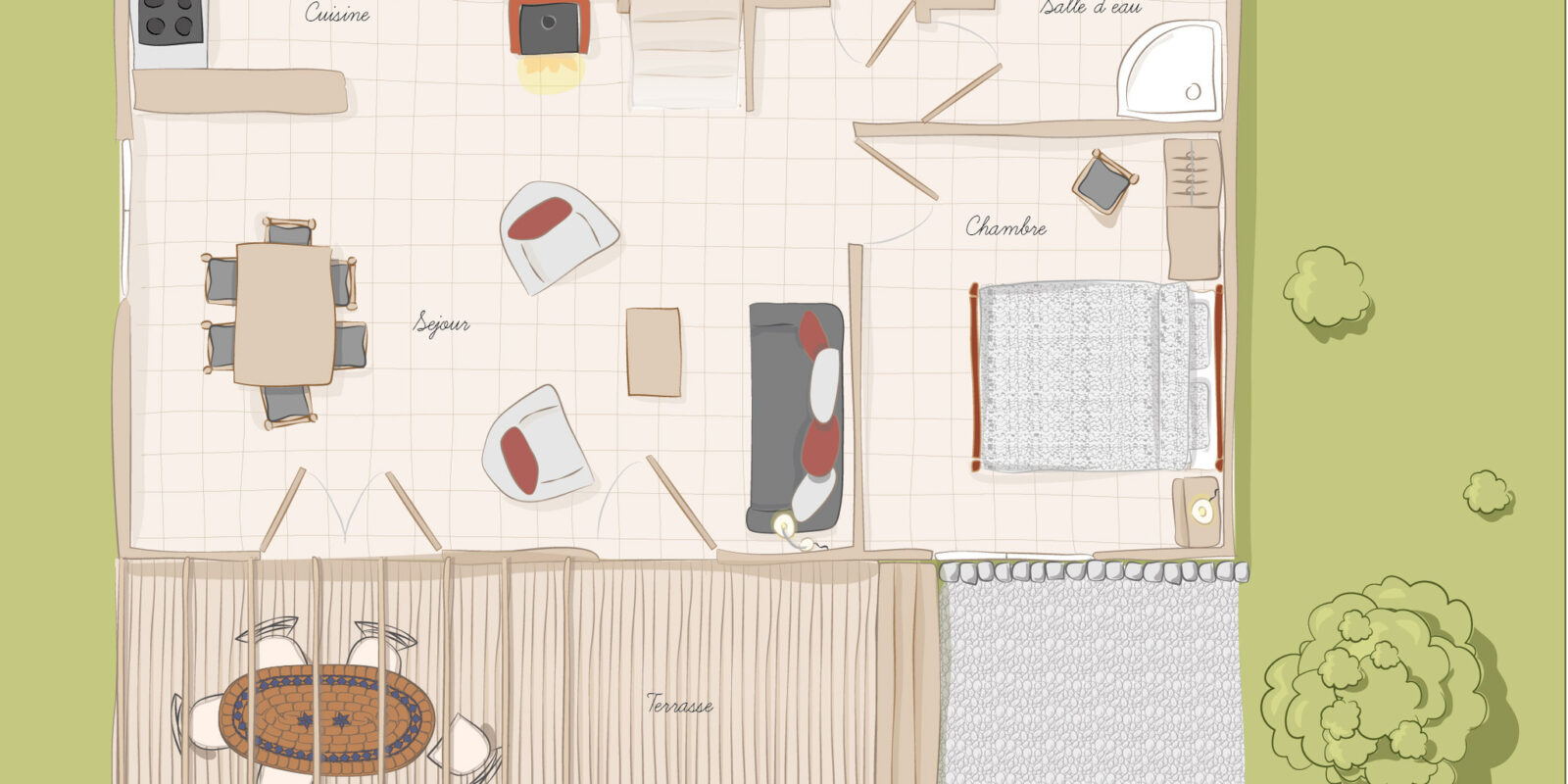 Plan cosy d'un chalet bois avec chambre, cuisine équipée et terrasse : votre refuge nature en Quercy