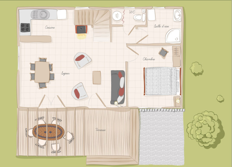 Plan cosy d'un chalet bois avec chambre, cuisine équipée et terrasse : votre refuge nature en Quercy