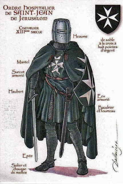 Chevalier de l'Ordre hospitalier de Saint-Jean de Jérusalem, XIIIe siècle, en armure complète et manteau orné de la croix blanche caractéristique