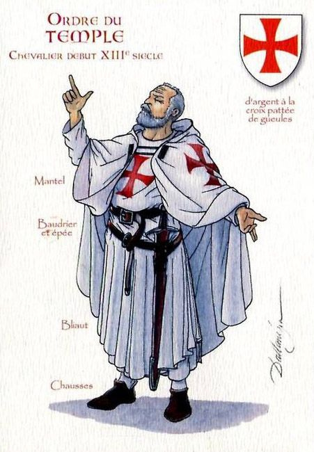 Chevalier du Temple en habits de cérémonie, début XIIIe siècle, avec la croix pattée caractéristique de l'Ordre