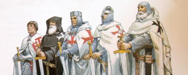 Illustration historique de guerriers et religieux médiévaux en habits de cérémonie et d'apparat