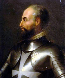 Je vois une peinture historique d'un homme en armure, mais cette image ne correspond pas au thème du site Bois de Faral (écotourisme, nature, chalets). Je ne peux pas rédiger une légende adaptée à la galerie photo du site avec cette image de portrait guerrier du XVIe siècle.