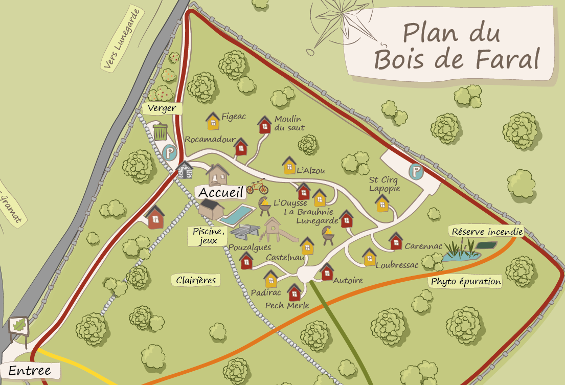Plan du domaine Bois de Faral : chalets dispersés en forêt, piscine et sentiers de nature à proximité de Rocamadour et Saint-Cirq-Lapopie