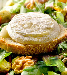 Salade fraîche garnie de fromage de chèvre chaud, une délice rustique pour vos repas au cœur de la nature